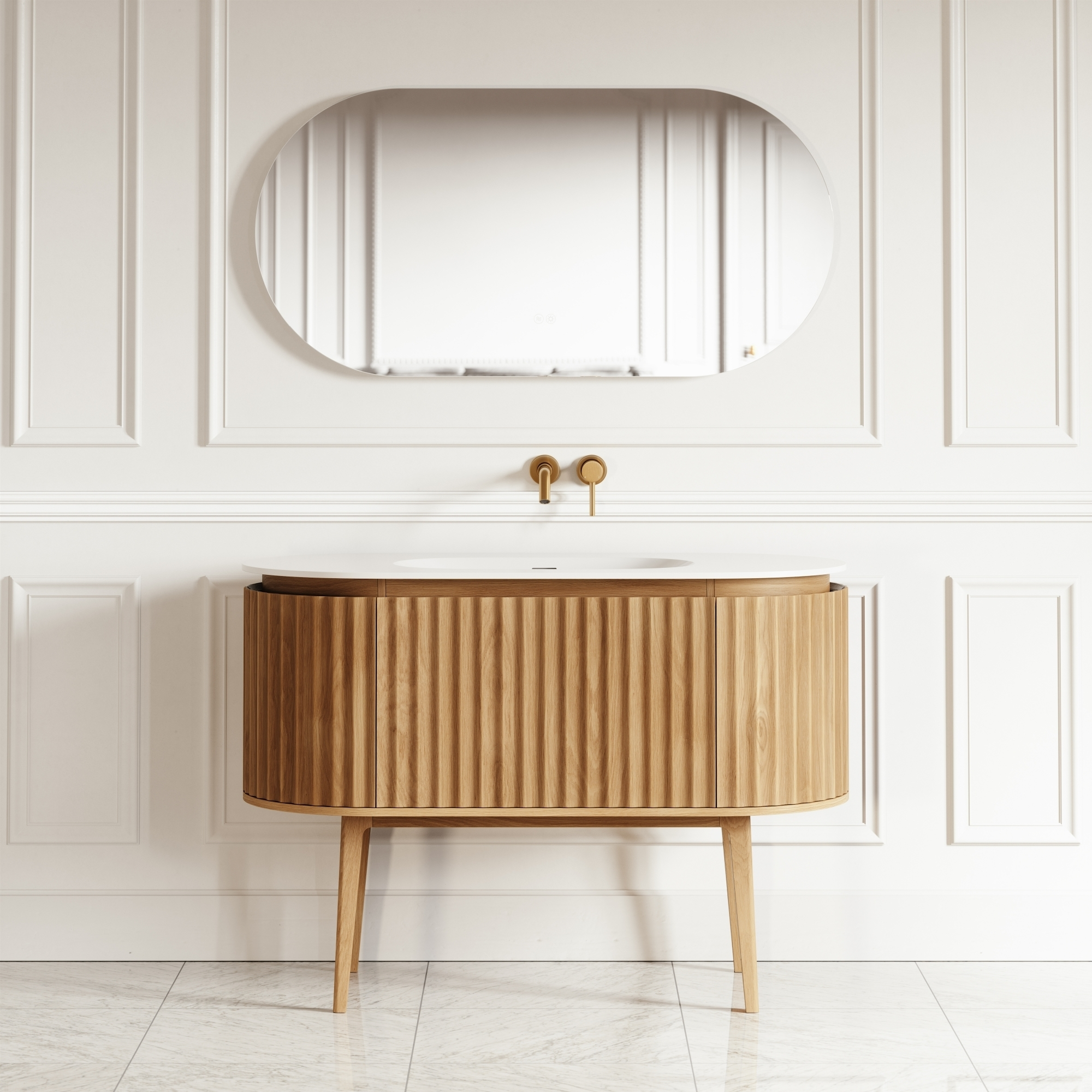 AllandCabinet Luxury Bathroom Oak Curved Vanity Unit Wooden Cabinet Unit With Ceramic Integrated Basin 1