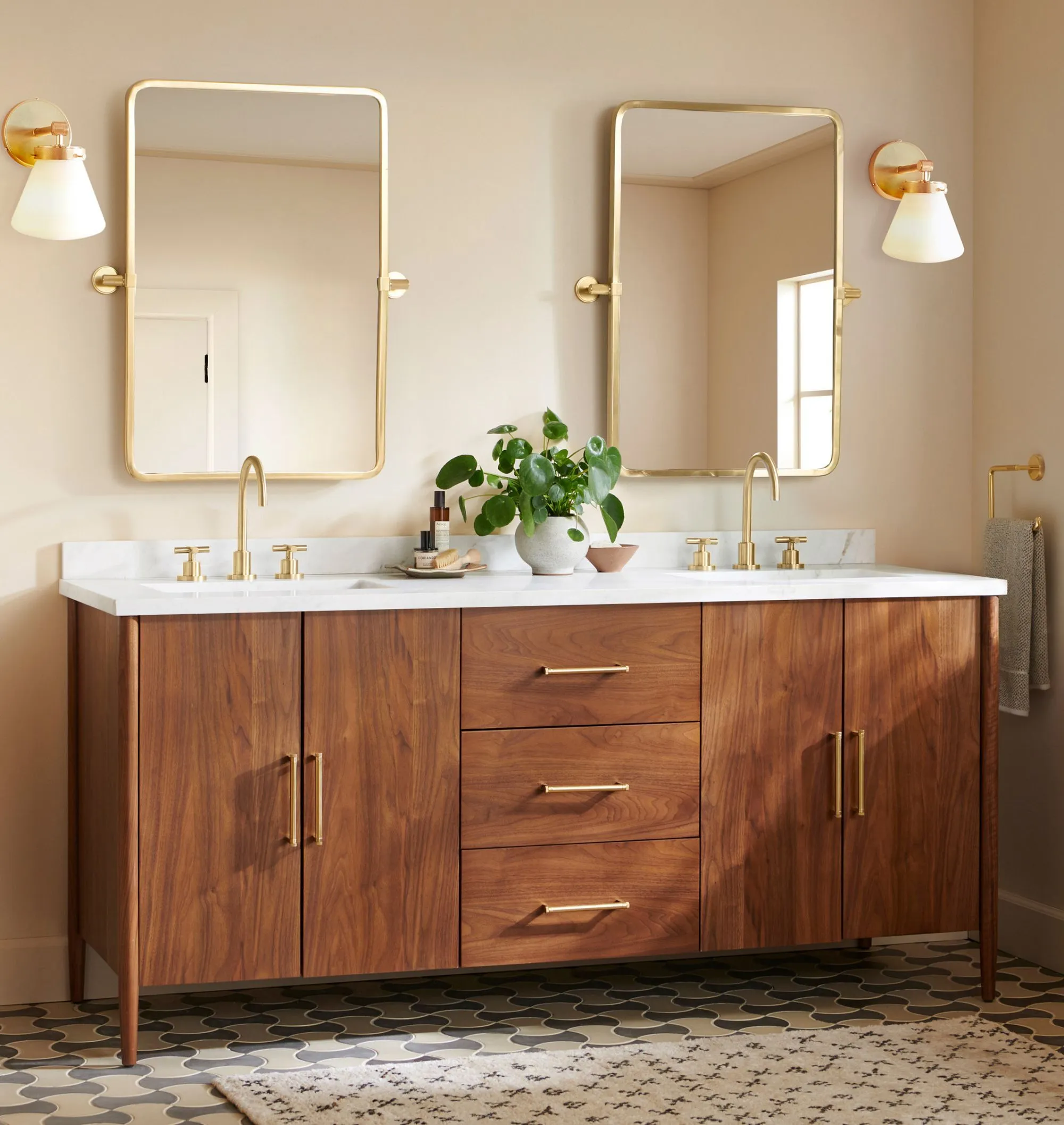AllandCabinet Minimal Mid-Century Design Walnut Double Vanity With Soft-close Drawers and Two Cabinets 1