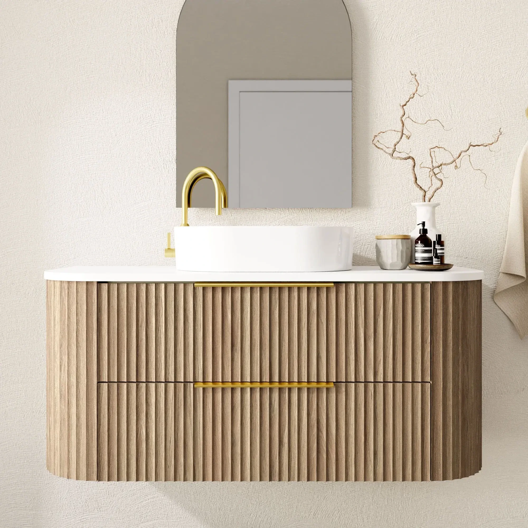 AllandCabinet Light Luxury Style Fluted Two Drawers Floating Vanity with Countertop and Basin 1