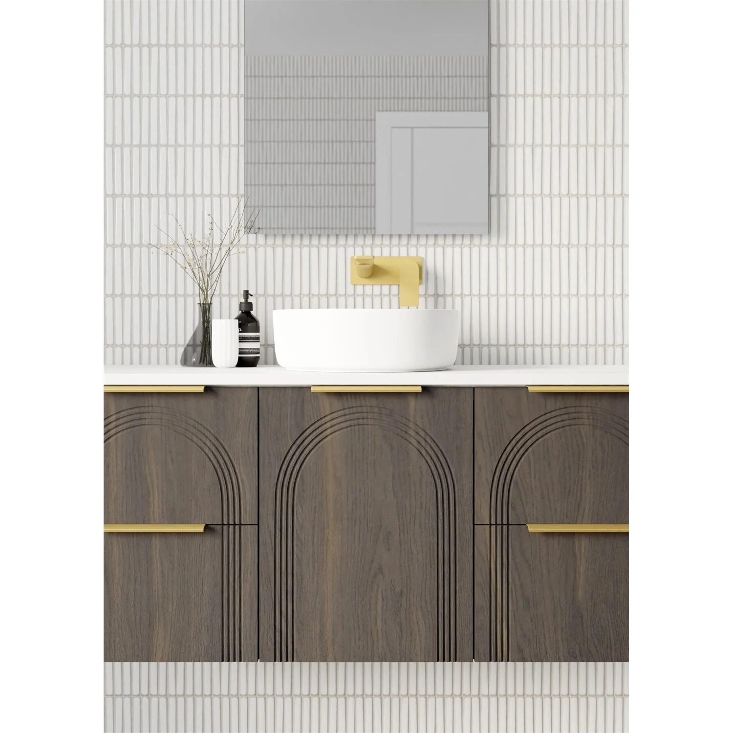 AllandCabinet Bathroom Wall Hung Vanity With Laminated Arch Detailed Fronts 6
