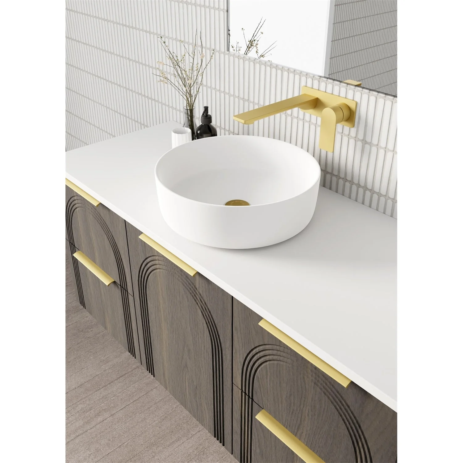 AllandCabinet Bathroom Wall Hung Vanity With Laminated Arch Detailed Fronts 5