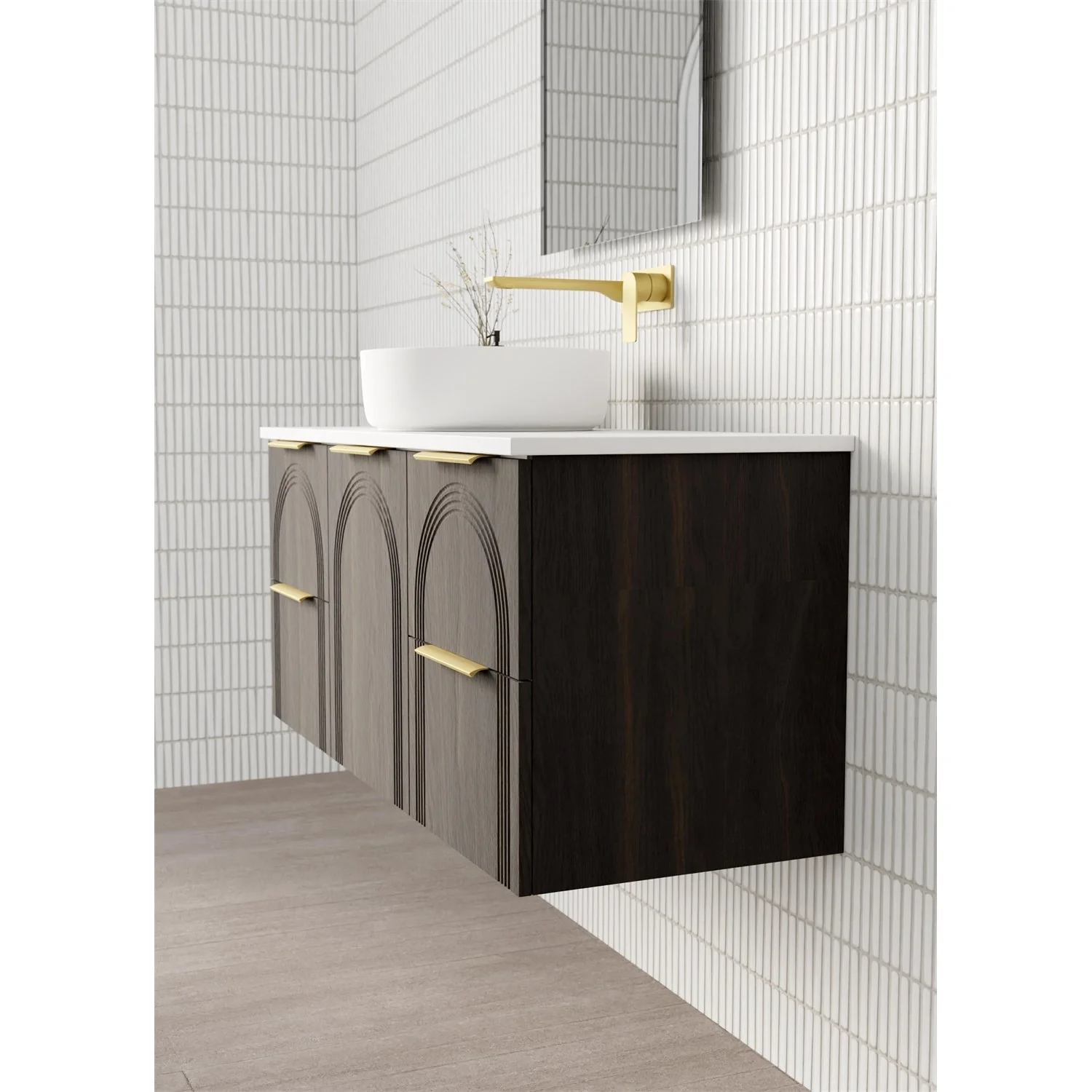 AllandCabinet Bathroom Wall Hung Vanity With Laminated Arch Detailed Fronts 4