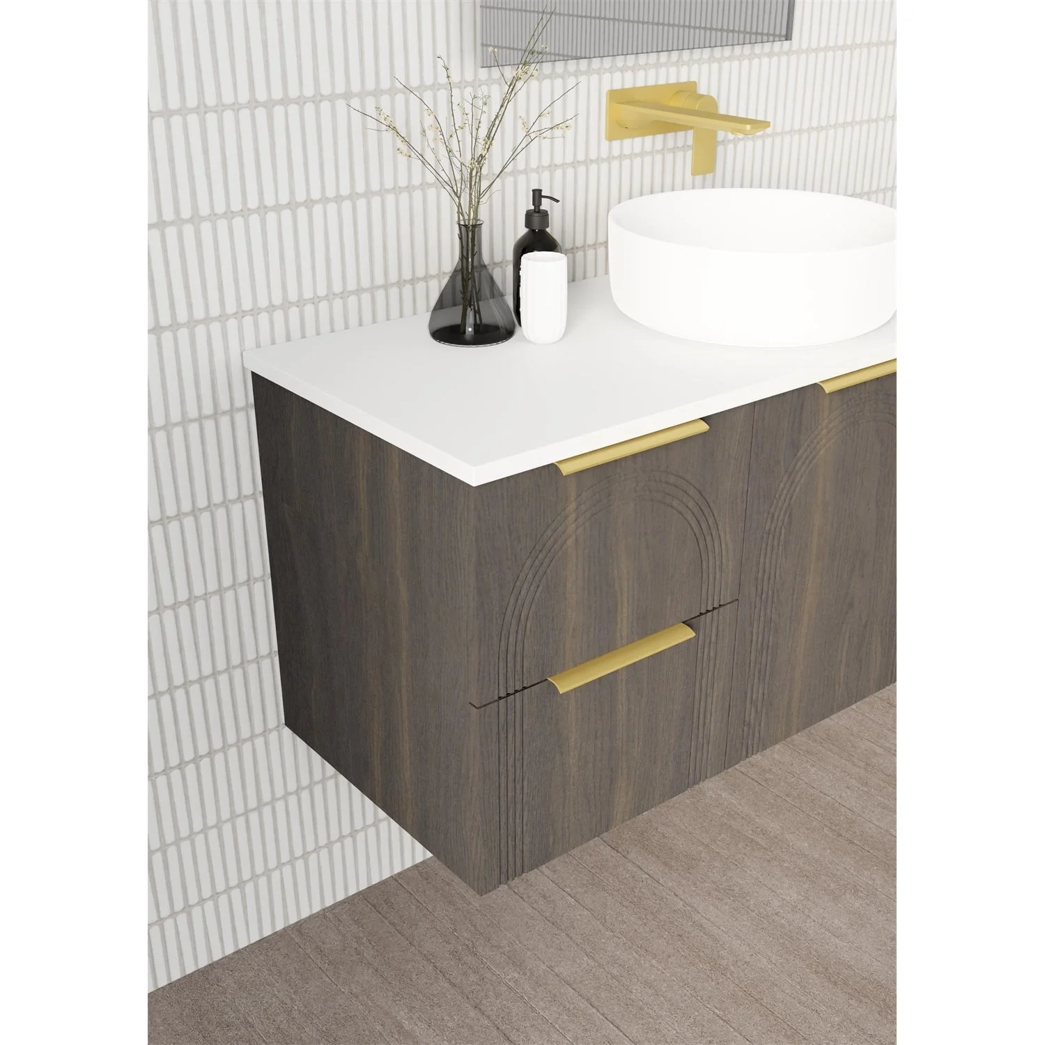 AllandCabinet Bathroom Wall Hung Vanity With Laminated Arch Detailed Fronts 3