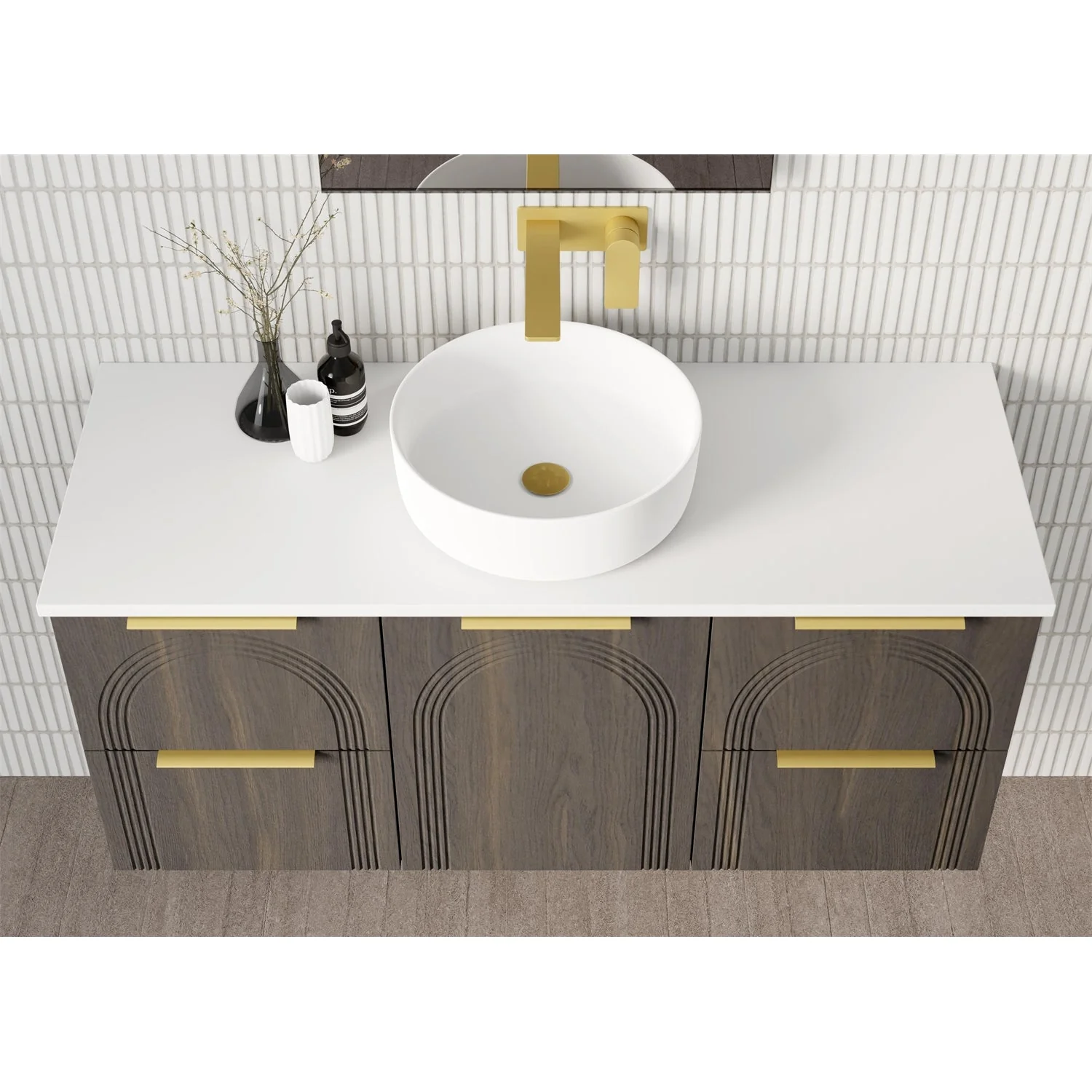 AllandCabinet Bathroom Wall Hung Vanity With Laminated Arch Detailed Fronts 2