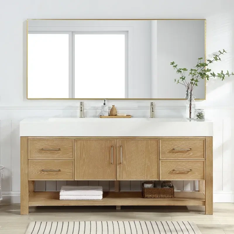 AllandCabinet Einzel-Badezimmerwaschtisch aus weißer Eiche mit Waschbecken und Spiegel 1