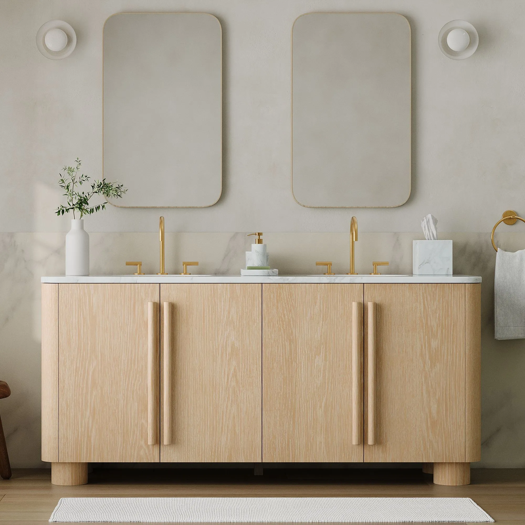 AllandCabinet Modern Design Double Bathroom Vanity Timber Veneer White Oak Finish With Brass Faucets 1