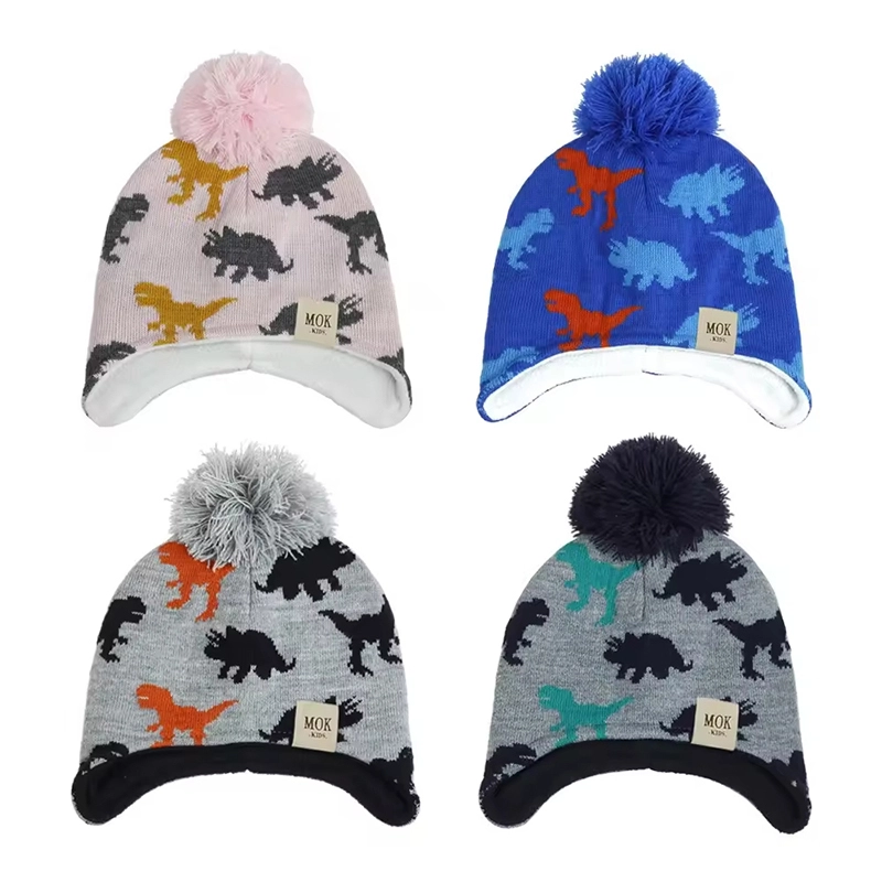 Bonnet unisexe pour enfants, chapeau de dinosaure, Jacquard Pom-Pom, casquette de crâne avec doublure confortable, casquette de crâne d'hiver de haute qualité 1