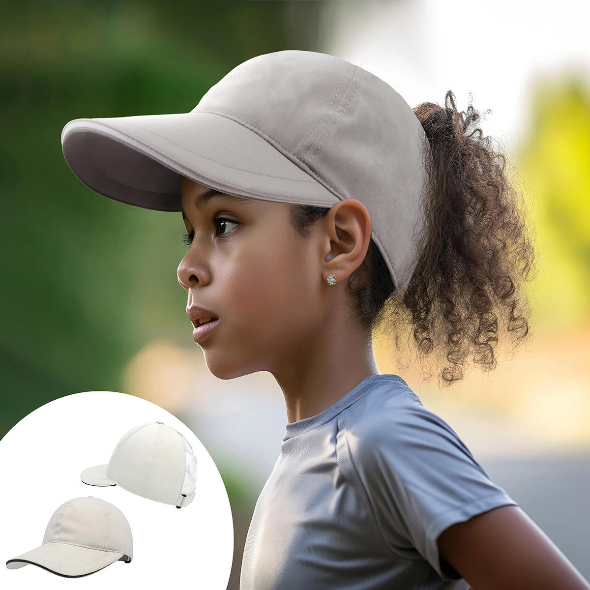 Children's quick drying sunscreen baseball cap ponytail solid color curved outdoor baseball cap 1