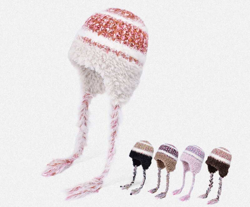 Plush striped knit earflap hat with braided tassels, shown with five color combinations.