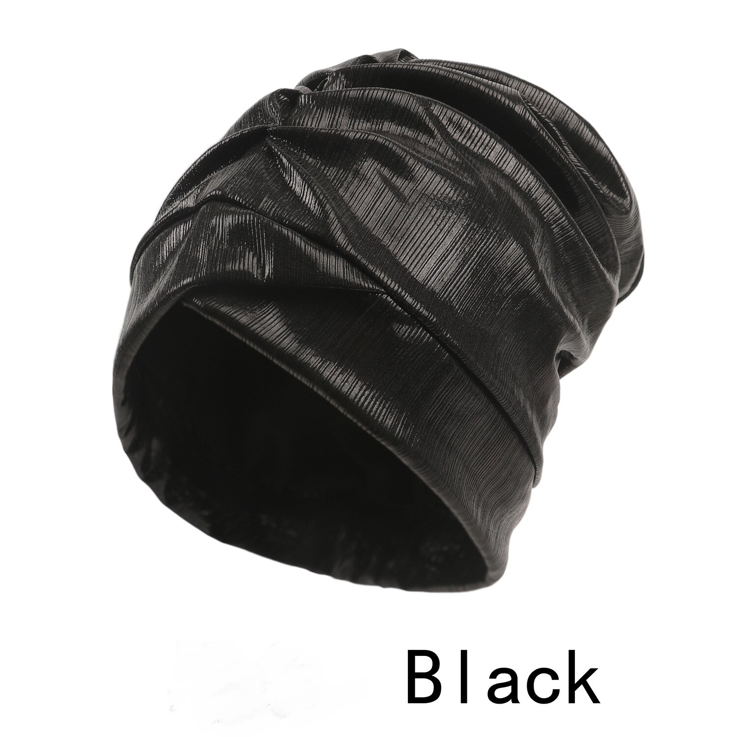 Black turban hat with a metallic finish and gathered front folds