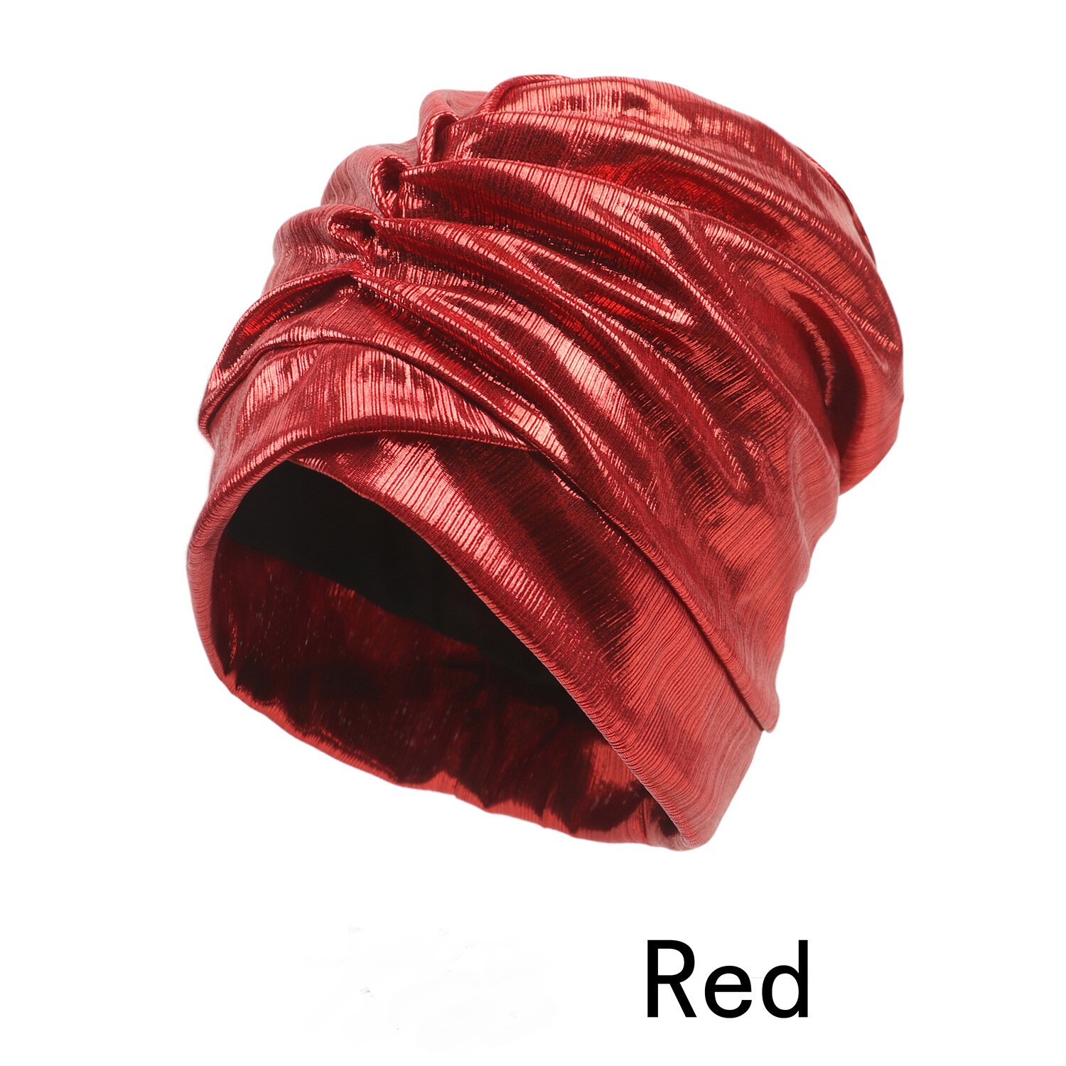 Red turban hat with a metallic finish and gathered front folds