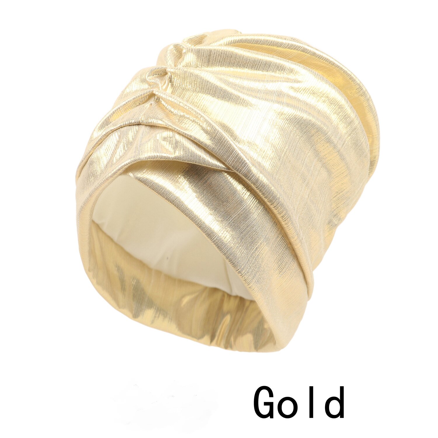 Gold turban hat with a metallic finish and gathered front folds
