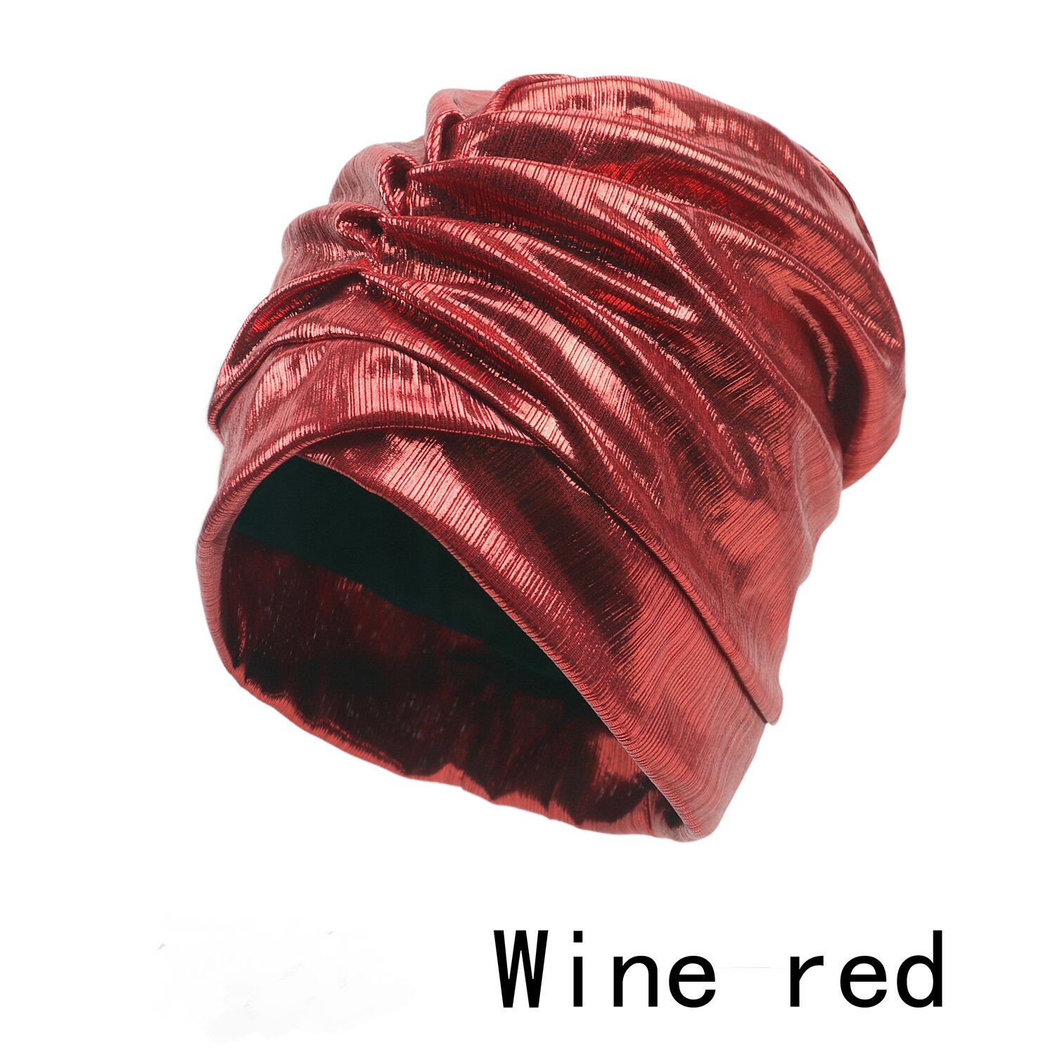 Wine red turban hat with a metallic finish and gathered front folds