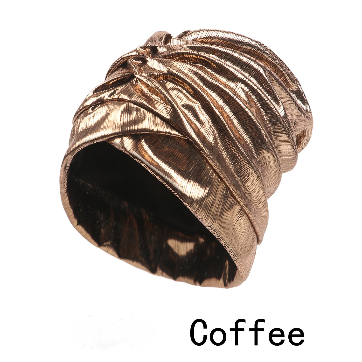 Coffee turban hat with a metallic finish and gathered front folds
