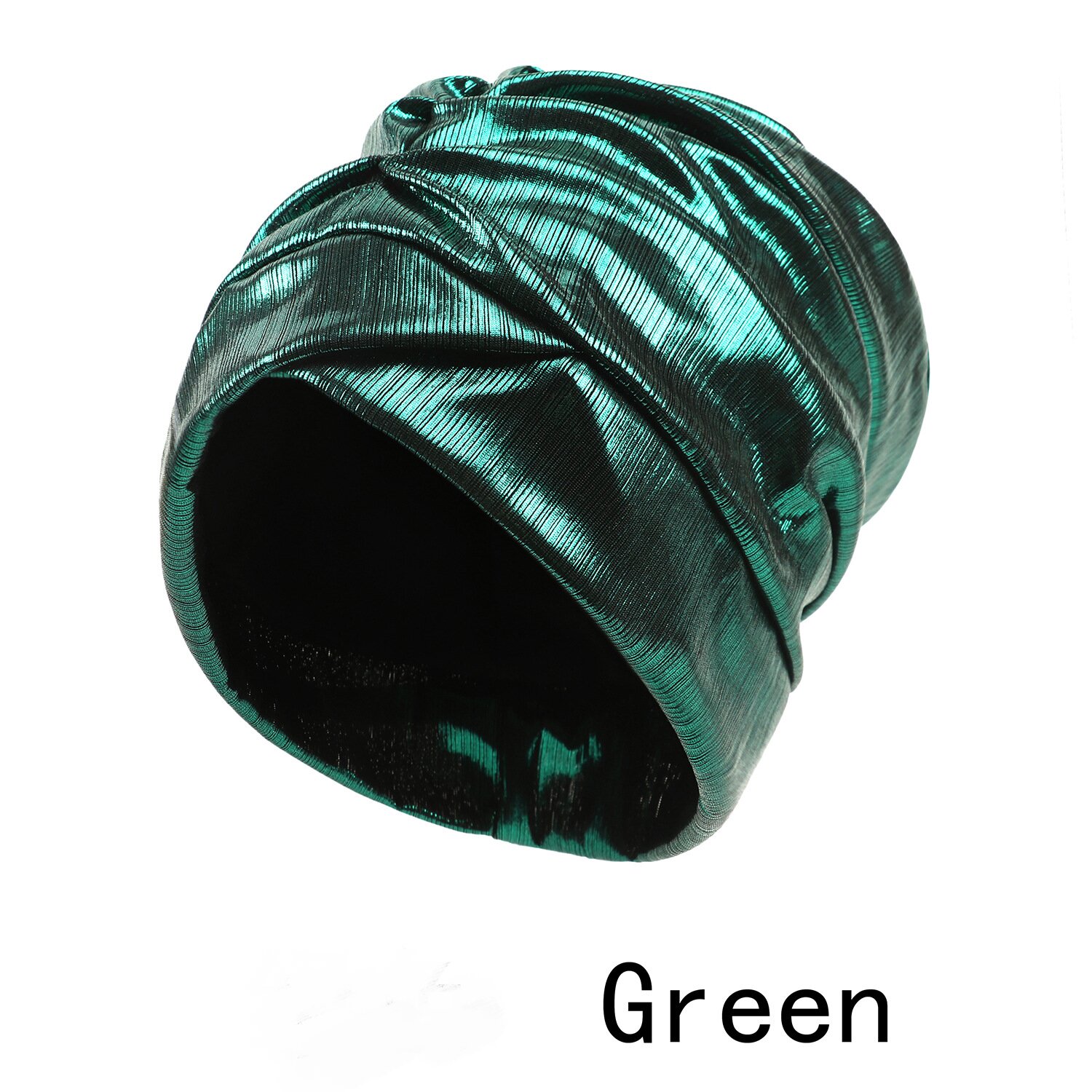 Green turban hat with a metallic finish and gathered front folds