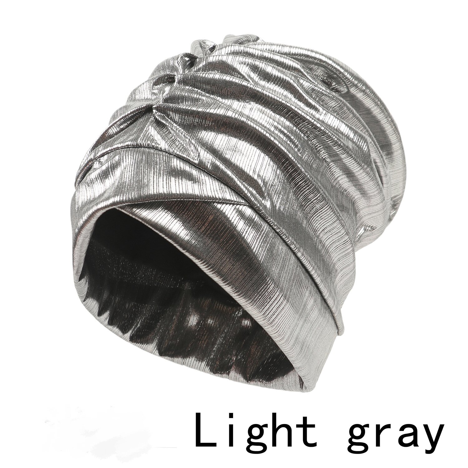 Silver gray turban hat with a metallic finish and gathered front folds