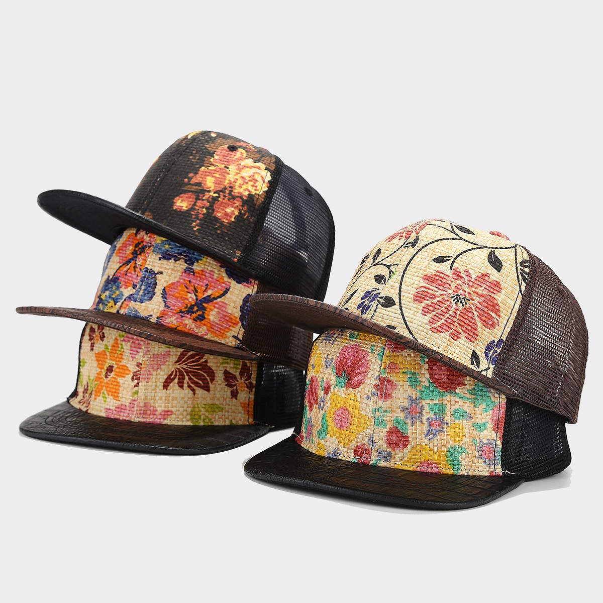 Neue bedruckte, aus Gras gewebte, atmungsaktive Baseballkappe mit flachem Rand und Mesh-Spleißen, Hip-Hop-Kappe, Sport-Snapback-Kappe für Männer & Frauen 2