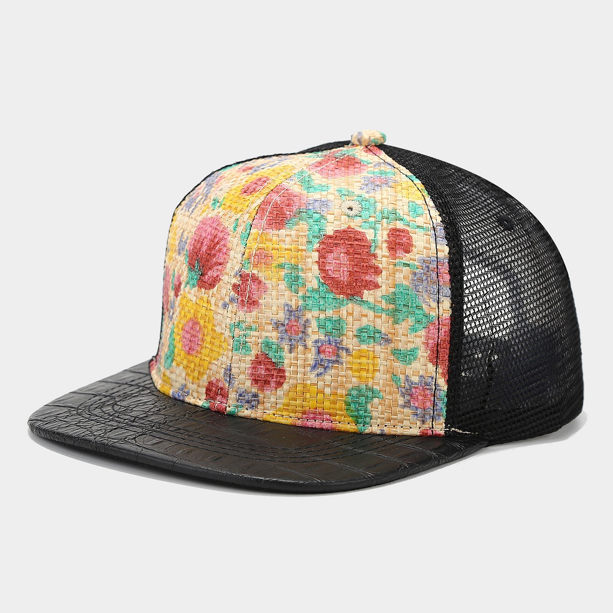 Neue bedruckte, aus Gras gewebte, atmungsaktive Baseballkappe mit flachem Rand und Mesh-Spleißen, Hip-Hop-Kappe, Sport-Snapback-Kappe für Männer & Frauen 3