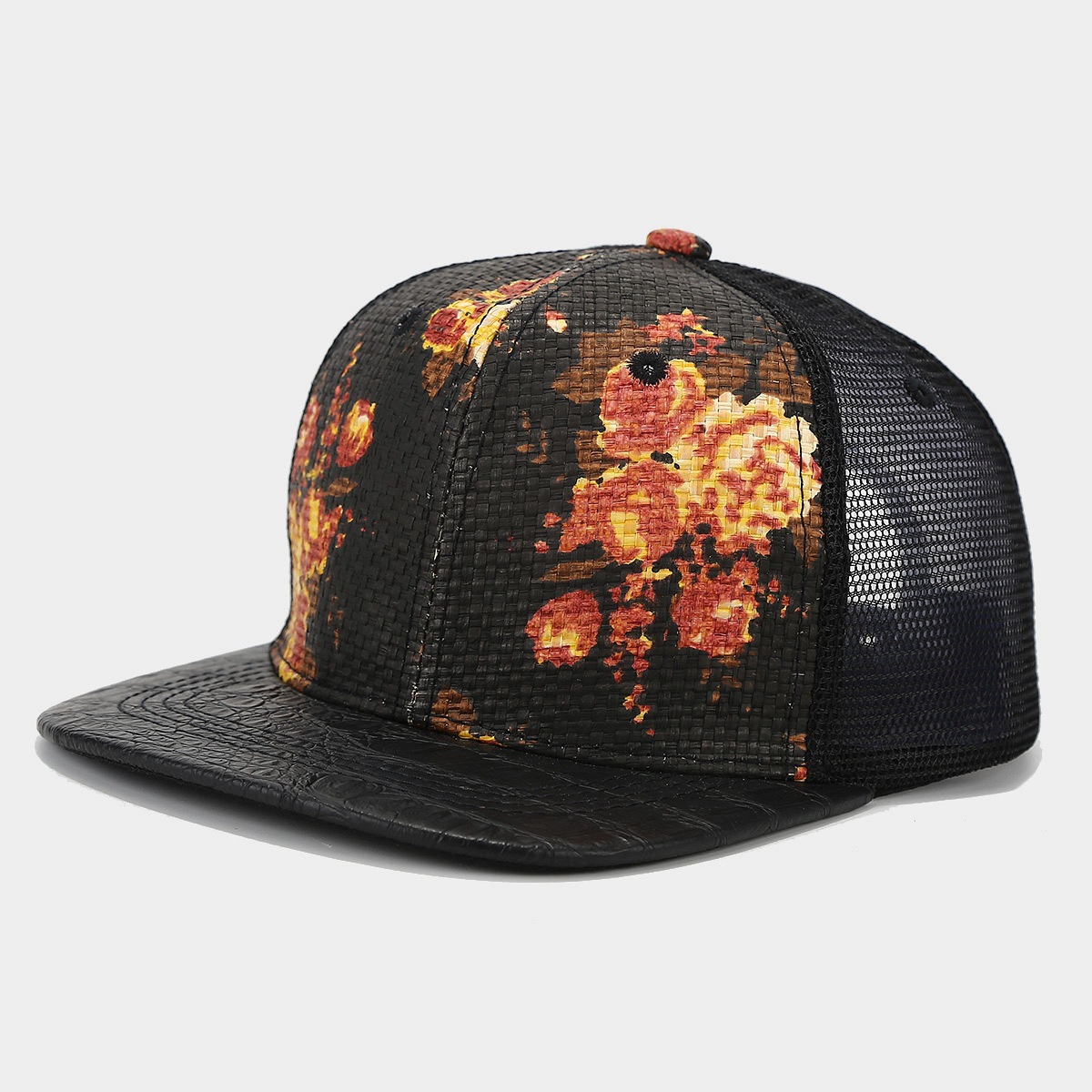 Neue bedruckte, aus Gras gewebte, atmungsaktive Baseballkappe mit flachem Rand und Mesh-Spleißen, Hip-Hop-Kappe, Sport-Snapback-Kappe für Männer & Frauen 4