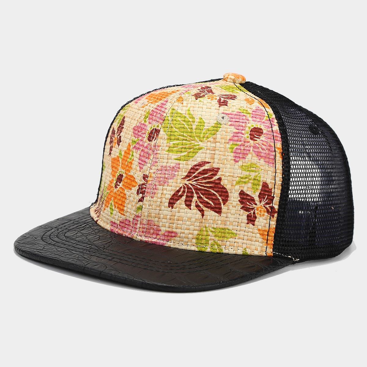 Neue bedruckte, aus Gras gewebte, atmungsaktive Baseballkappe mit flachem Rand und Mesh-Spleißen, Hip-Hop-Kappe, Sport-Snapback-Kappe für Männer & Frauen 5