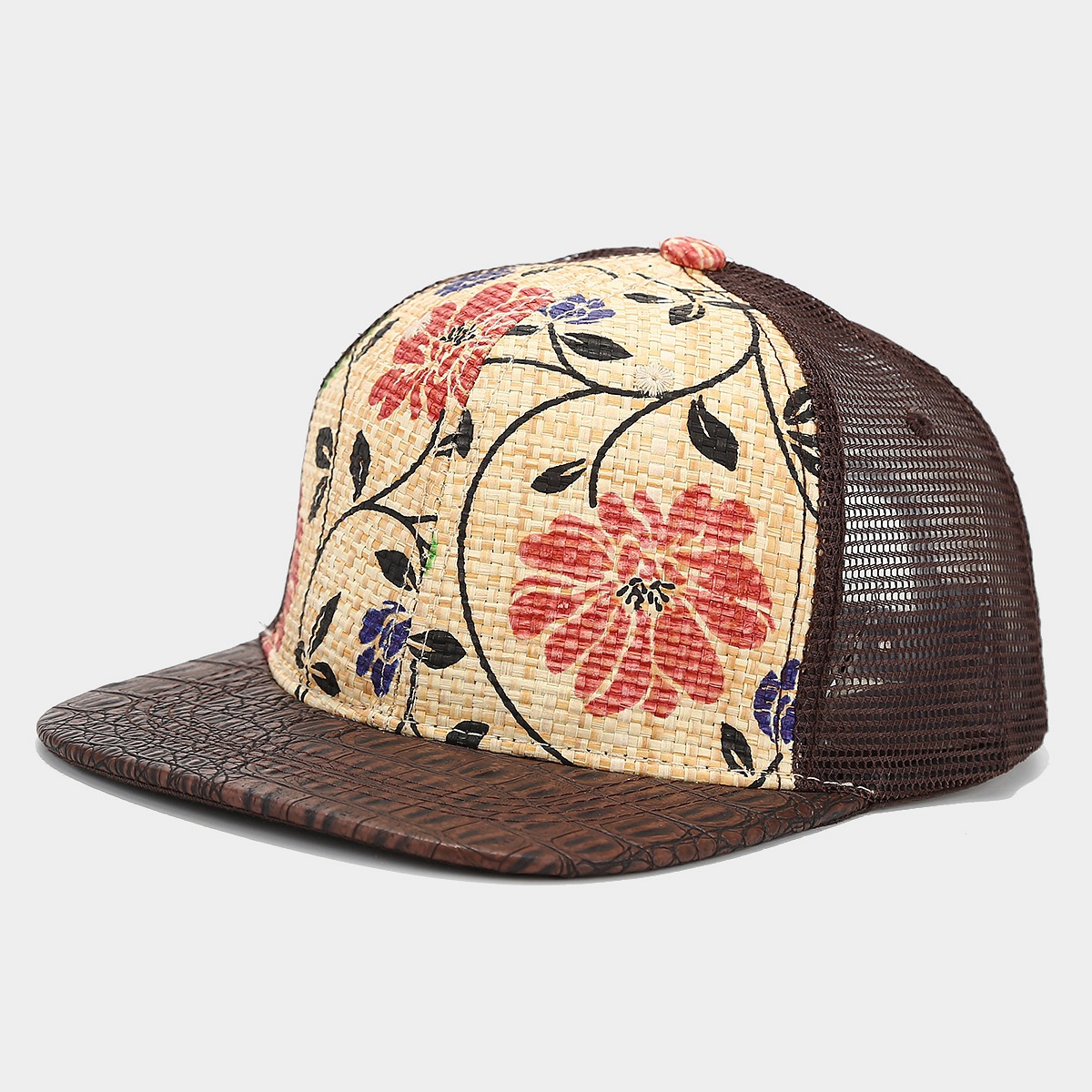 Neue bedruckte, aus Gras gewebte, atmungsaktive Baseballkappe mit flachem Rand und Mesh-Spleißen, Hip-Hop-Kappe, Sport-Snapback-Kappe für Männer & Frauen 6