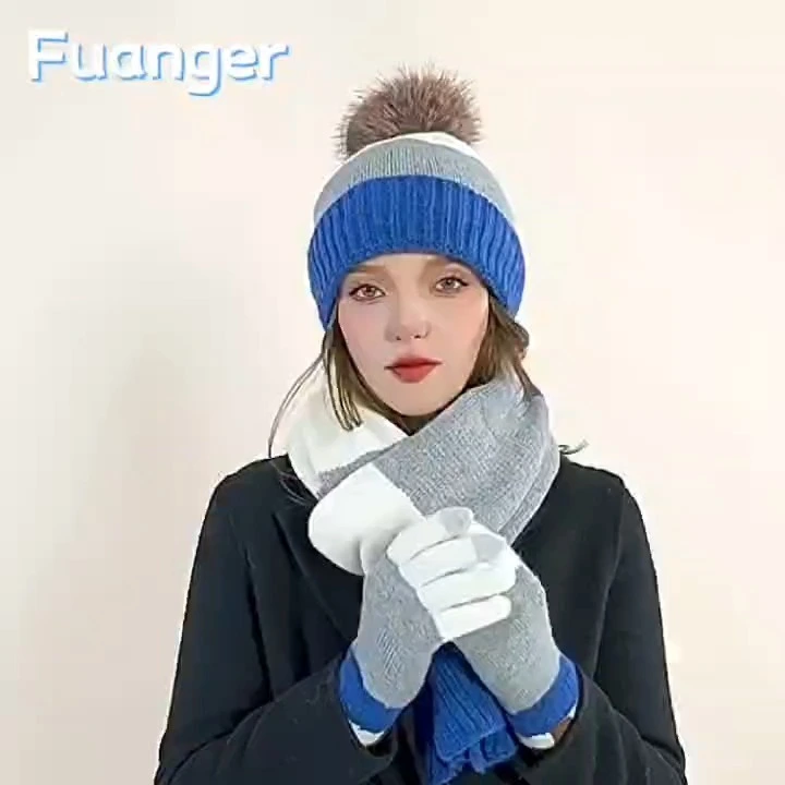 Winter Warmth Fleece Lined Knitted Hat Gloves Scarf Set for Touchscreen - 3 Piece Set 1