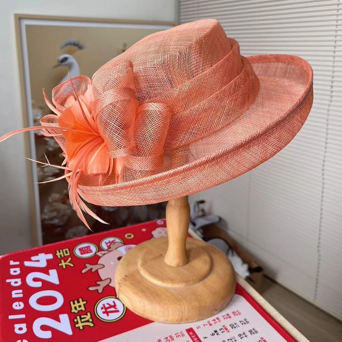 Women's Flat Top Haircloth Etiquette Hat with Curled-Edge Curved Brim 1