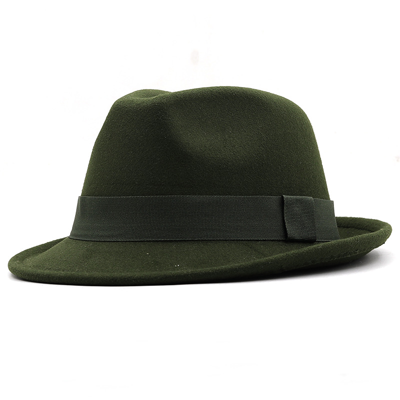 Three-quarter view of an olive green fedora with a curved brim.