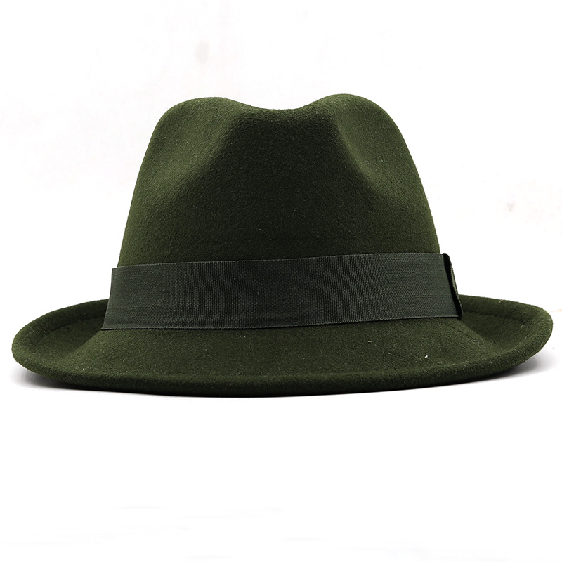 Front view of an olive green fedora with a pinched crown and ribbon band.