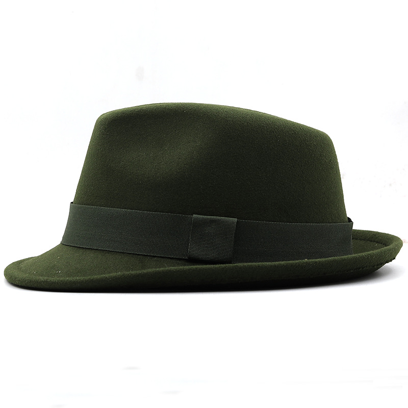 Olive green fedora shown at an angle with a dark ribbon band.