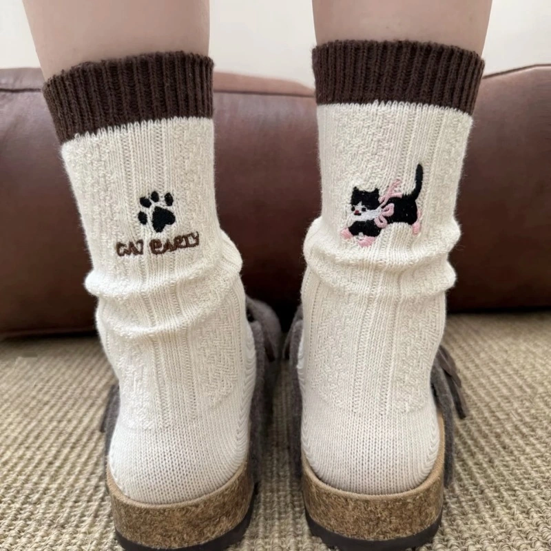 Mid-Calf Chunky Knit Socks - Contrast Color Design with Cat Dog Paw AB Embroidery for Cold Weather 1