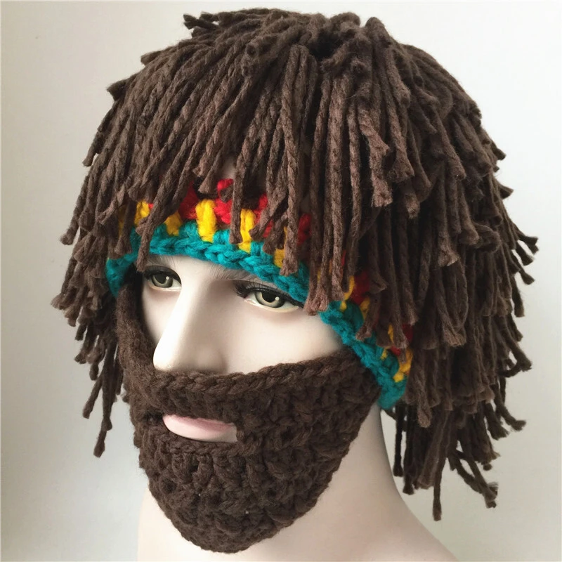 Handmade Rasta Knit Hat - Novelty Wig Beard Cap 1