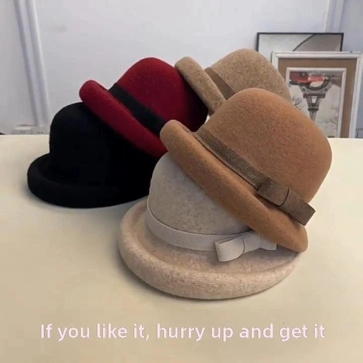 قبعة دلو جديدة بلون موحد مصنوعة من مزيج الكشمير مع فيونكة 1