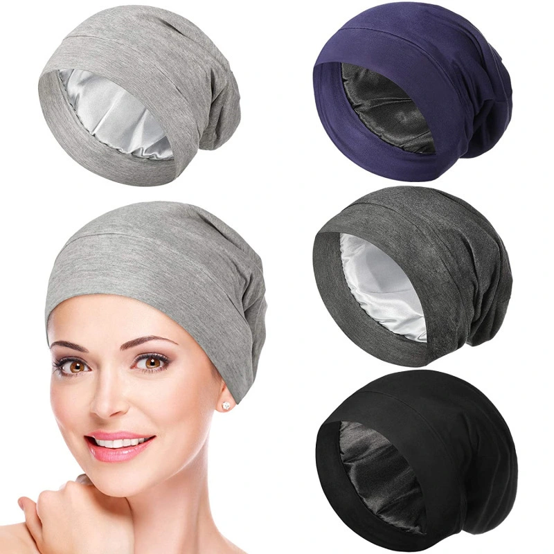 Bamboo Fiber Stretch Cotton Wide-Brim Beanie, Satin Lined Chemo Cap & Sleep Cap for Hair Loss, Customizable 1