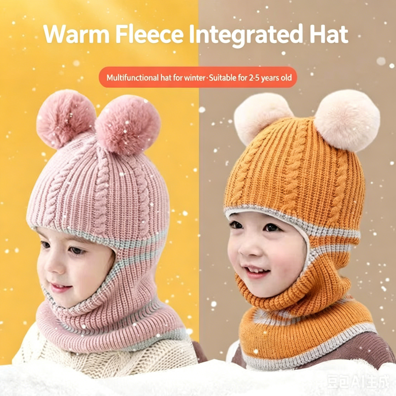 Toddler wearing a red twin-pom knit beanie with an integrated lower-face and neck section.