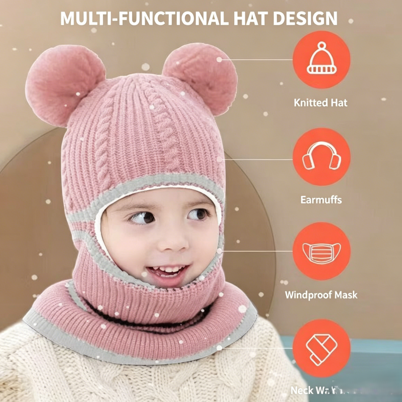 Pink toddler knit beanie shown with the lower section below the chin and raised over the lower face.
