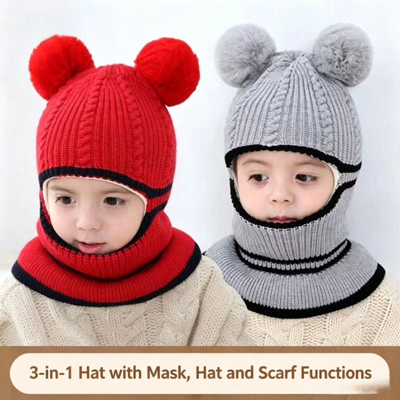 Red and gray toddler knit beanie variants with twin pom-poms and connected neck coverage.