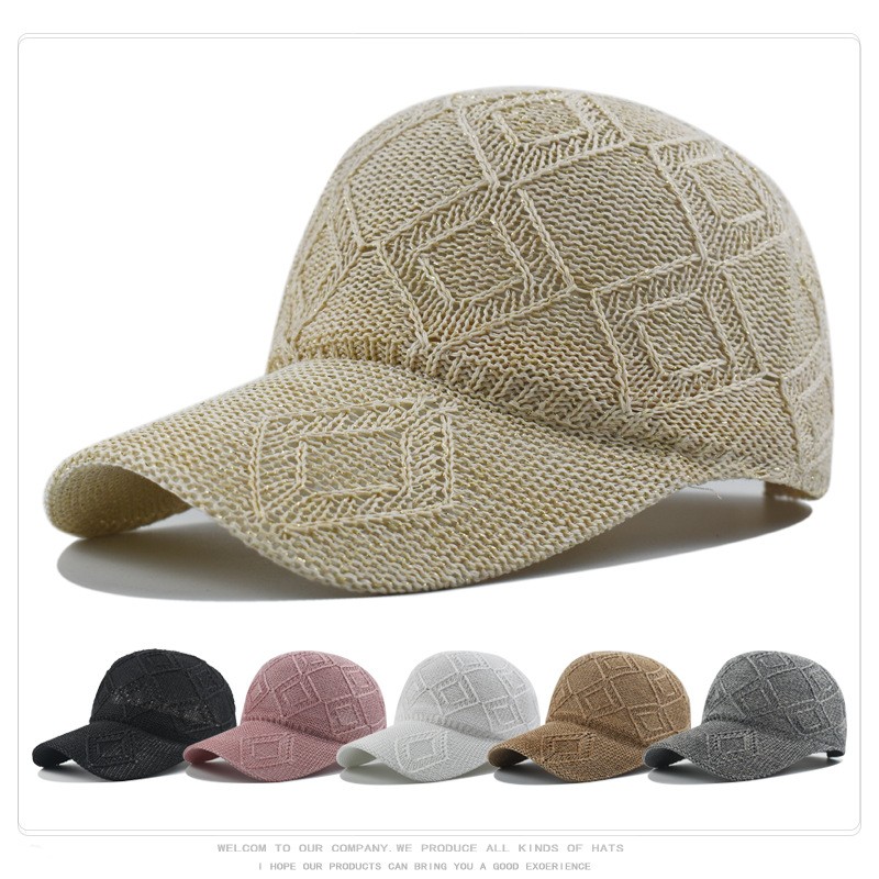 Openwork knit baseball caps in beige, black, pink, white, khaki and gray, with a beige cap shown in front