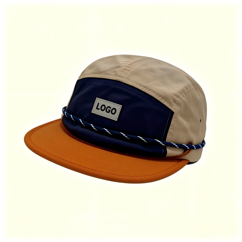 Illustration of a beige, navy and orange camper cap with a front patch marked LOGO.