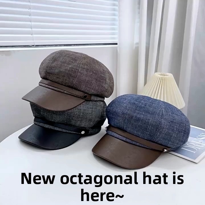 Denim blue newsboy cap with a contrasting brown brim and front band