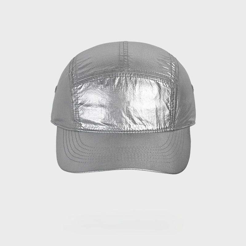 Front and back views of silver and black baseball caps
