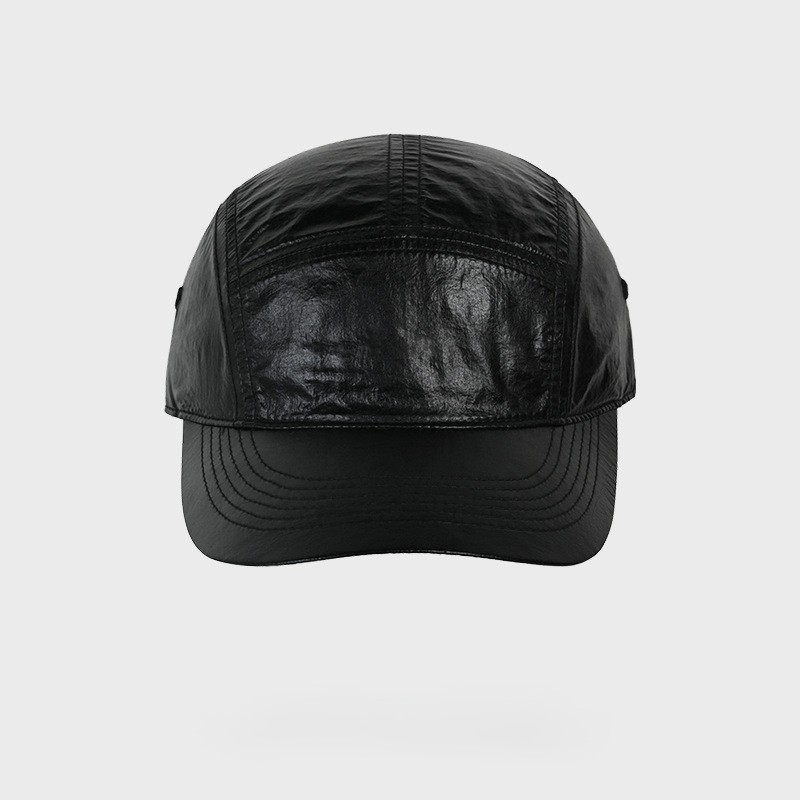 Front and back views of silver and black baseball caps