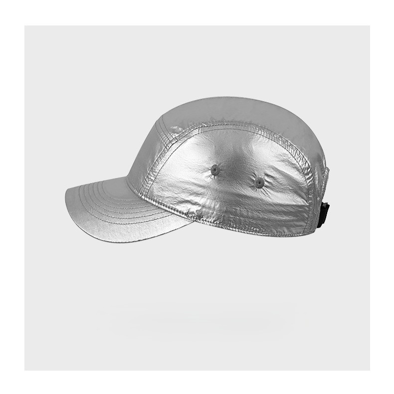 Front and back views of silver and black baseball caps