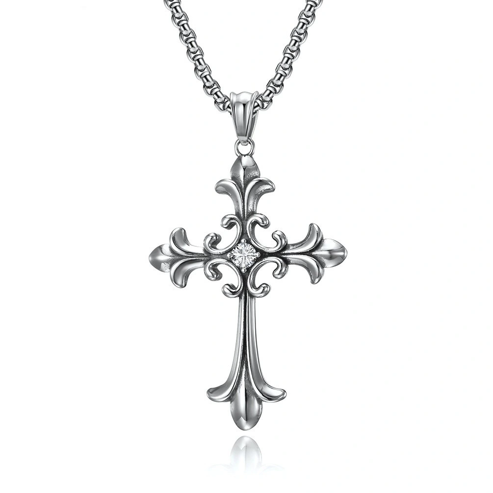 Gothic style retro cross encrusted with diamond titanium steel pendant hipsters stainless steel cross necklace 1