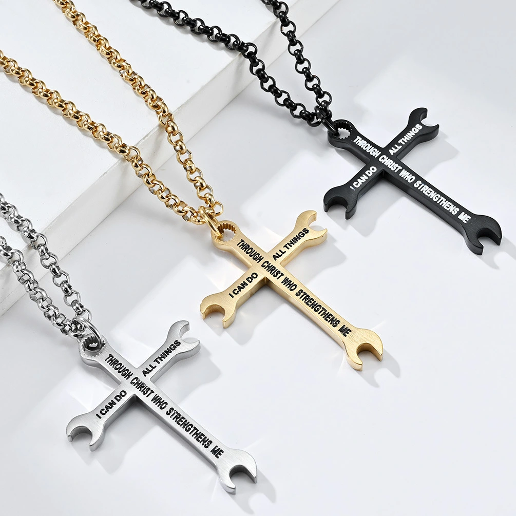 Stainless steel wrench cross necklace I CAN DO ALL THINS Titanium steel cross pendant 1