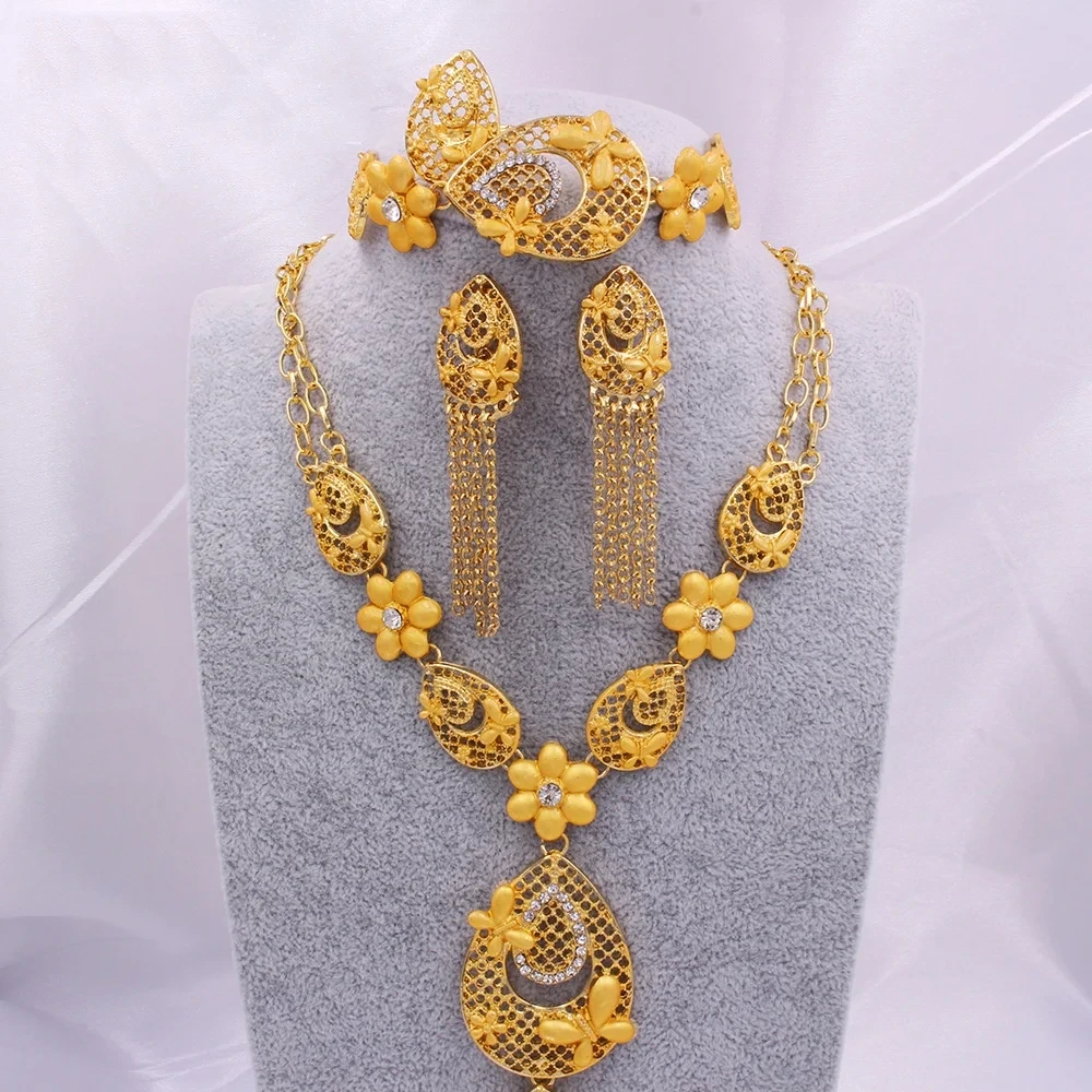 4pcs Dubai 24k Gold Jewelry Set African Women's Wedding Indian Bride Necklace Ring Earring Bracelet Set 1