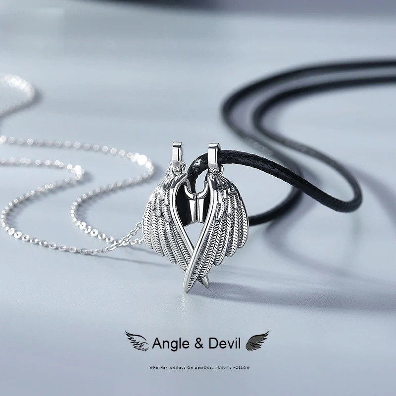 Trendy 925 Sterling Silver Couple Necklace Angel Devil Wing Pendant Men Women Hip Pop Necklace 1