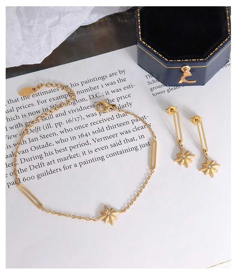 Fashion Gold Plated Eight Star Earrings And Bracelet Stainless Steel Jewelry Sets Women Gold 1