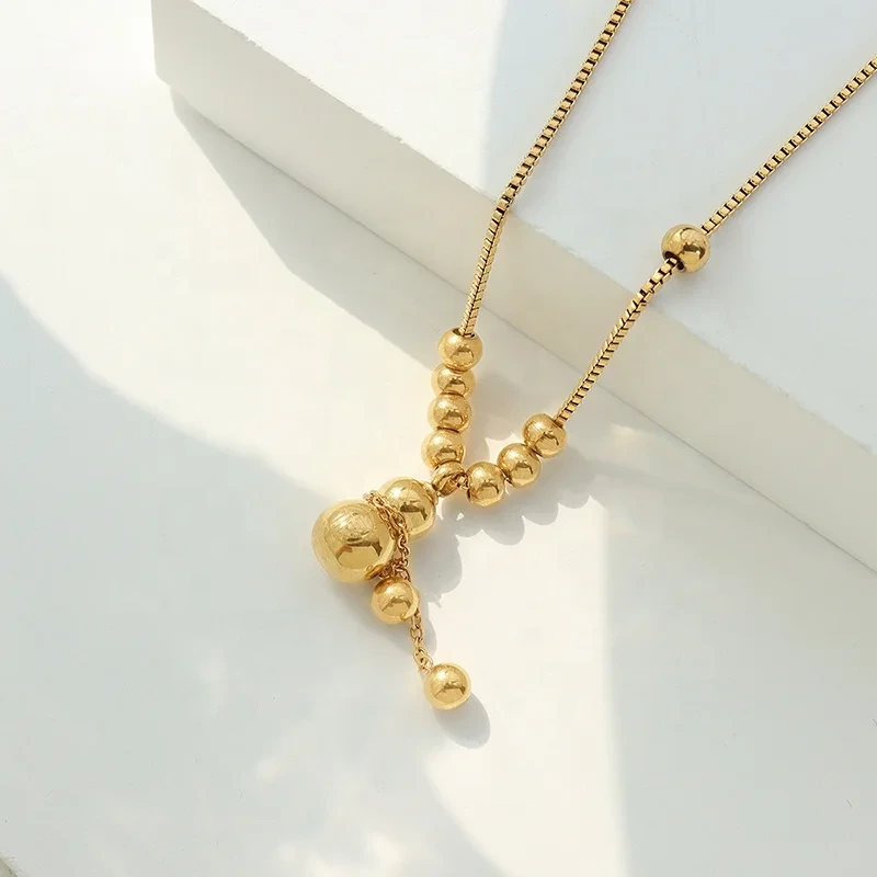 Chinese Style Gold Gourd Beads Necklace Women 18k Gold Plated Stainless Steel Necklace 1