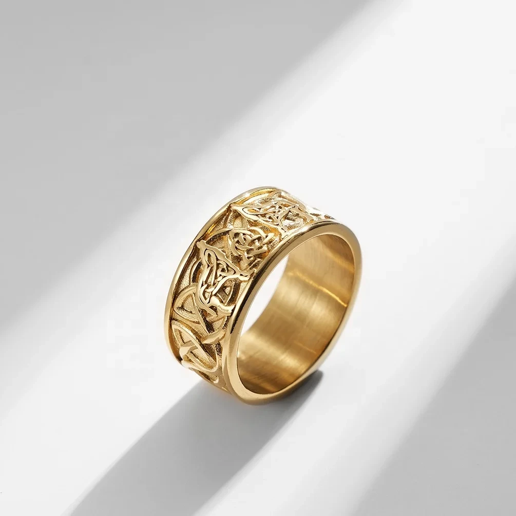 Wholesale Jewelry Retro Nordic Celtic Knot Titanium Steel Ring Black Gold Plated Men's Rings 1
